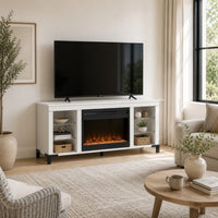 Levvy TV Stand Media Console, Electric Fireplace, Storage, White Wood 60 Inch-BM353006