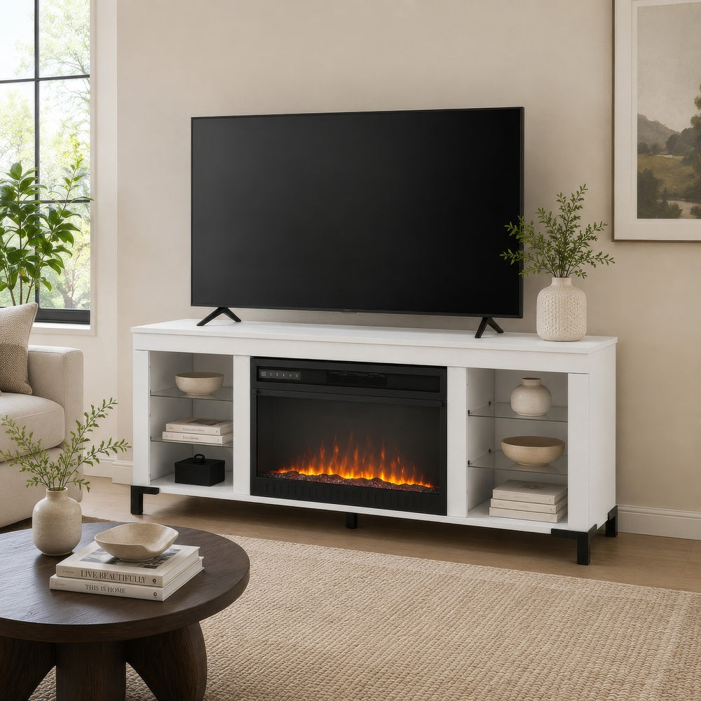 Levvy TV Stand Media Console, Electric Fireplace, Storage, White Wood 60 Inch-BM353006