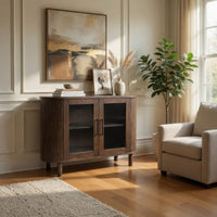 Maira Accent Cabinet with Fluted Glass Doors, Brown Mango Wood 48 Inch