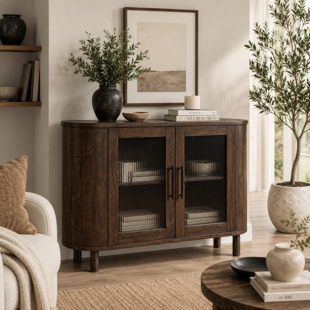 Maira Accent Cabinet with Fluted Glass Doors, Brown Mango Wood 48 Inch