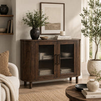 Maira Accent Cabinet with Fluted Glass Doors, Brown Mango Wood 48 Inch