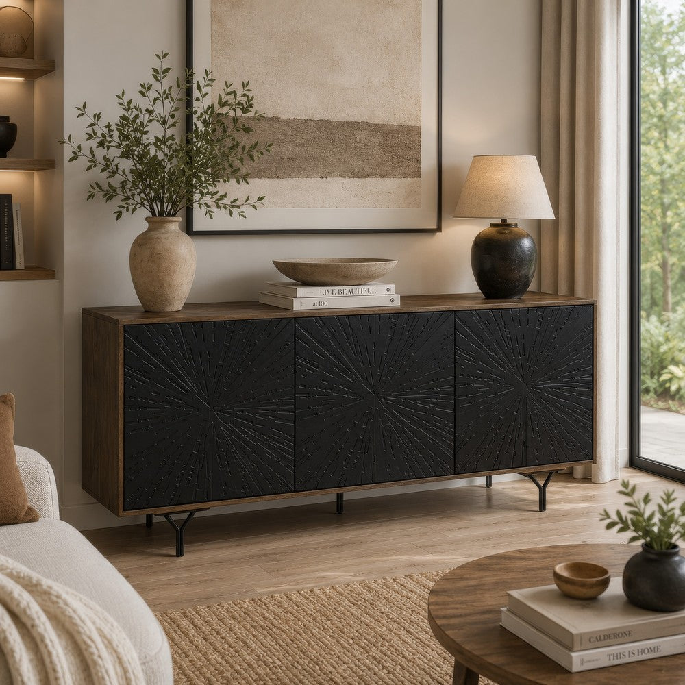 Monty Starburst Accent Cabinet, Metal Legs, Storage, Gray-Brown Wood 64 Inch