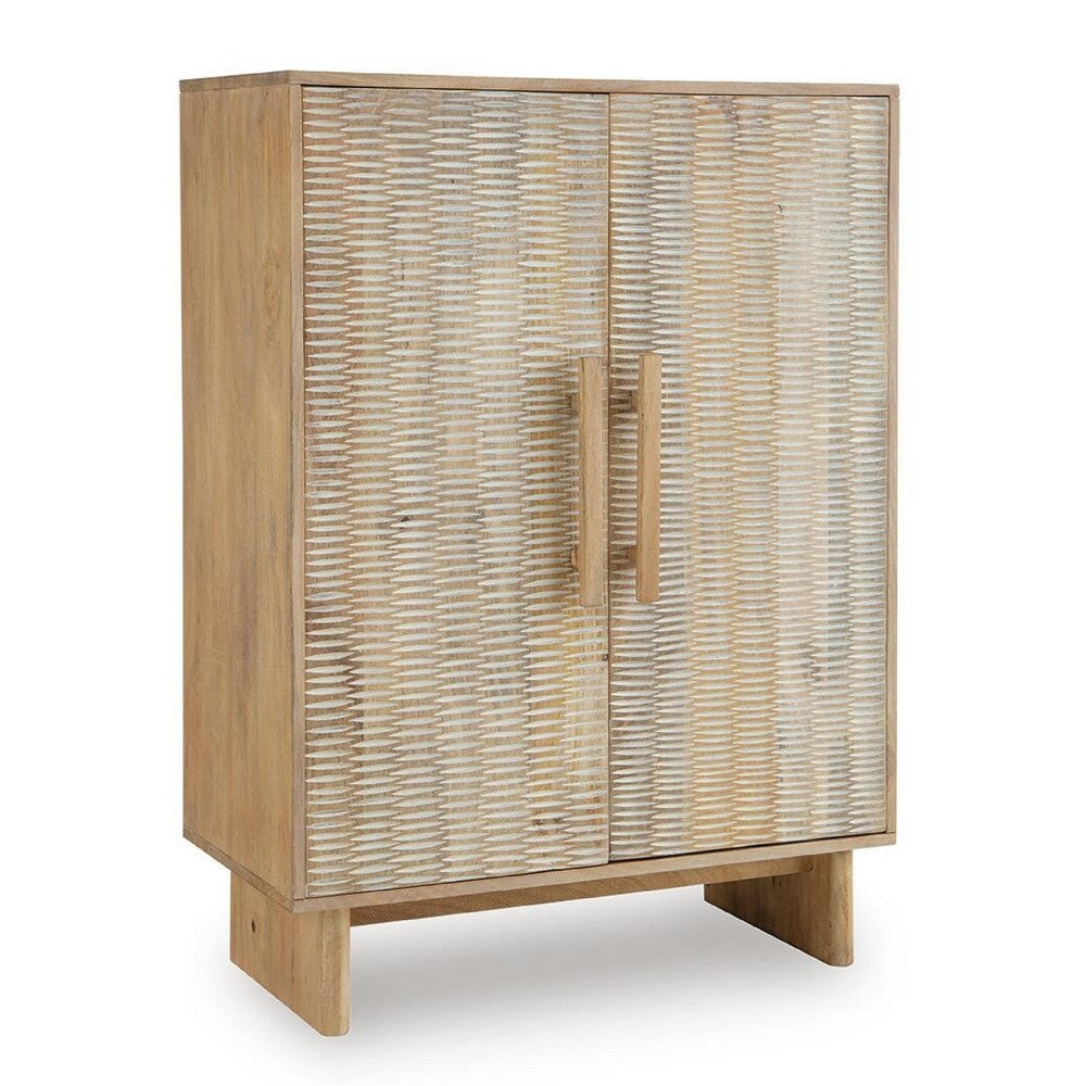 Dally Accent Cabinet with 2 Carved Doors, Whitewash Mango Wood 45 Inch