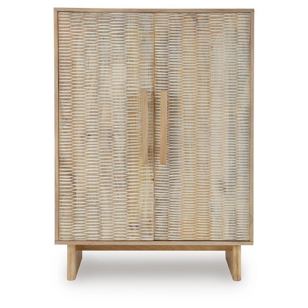 Dally Accent Cabinet with 2 Carved Doors, Whitewash Mango Wood 45 Inch