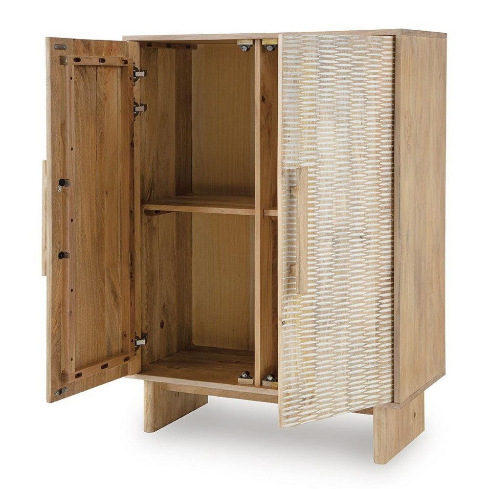 Dally Accent Cabinet with 2 Carved Doors, Whitewash Mango Wood 45 Inch