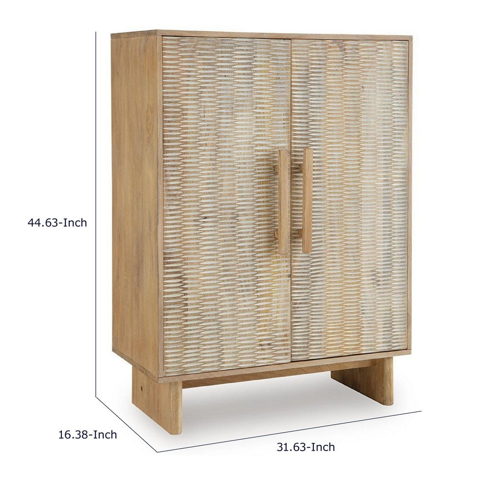 Dally Accent Cabinet with 2 Carved Doors, Whitewash Mango Wood 45 Inch