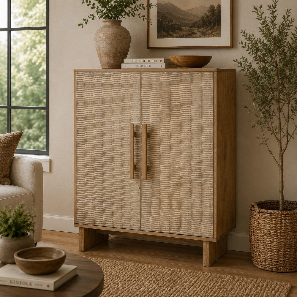 Dally Accent Cabinet with 2 Carved Doors, Whitewash Mango Wood 45 Inch