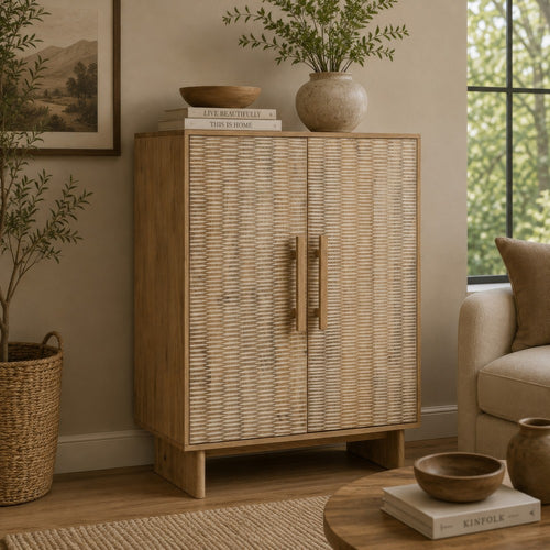 Dally Accent Cabinet with 2 Carved Doors, Whitewash Mango Wood 45 Inch