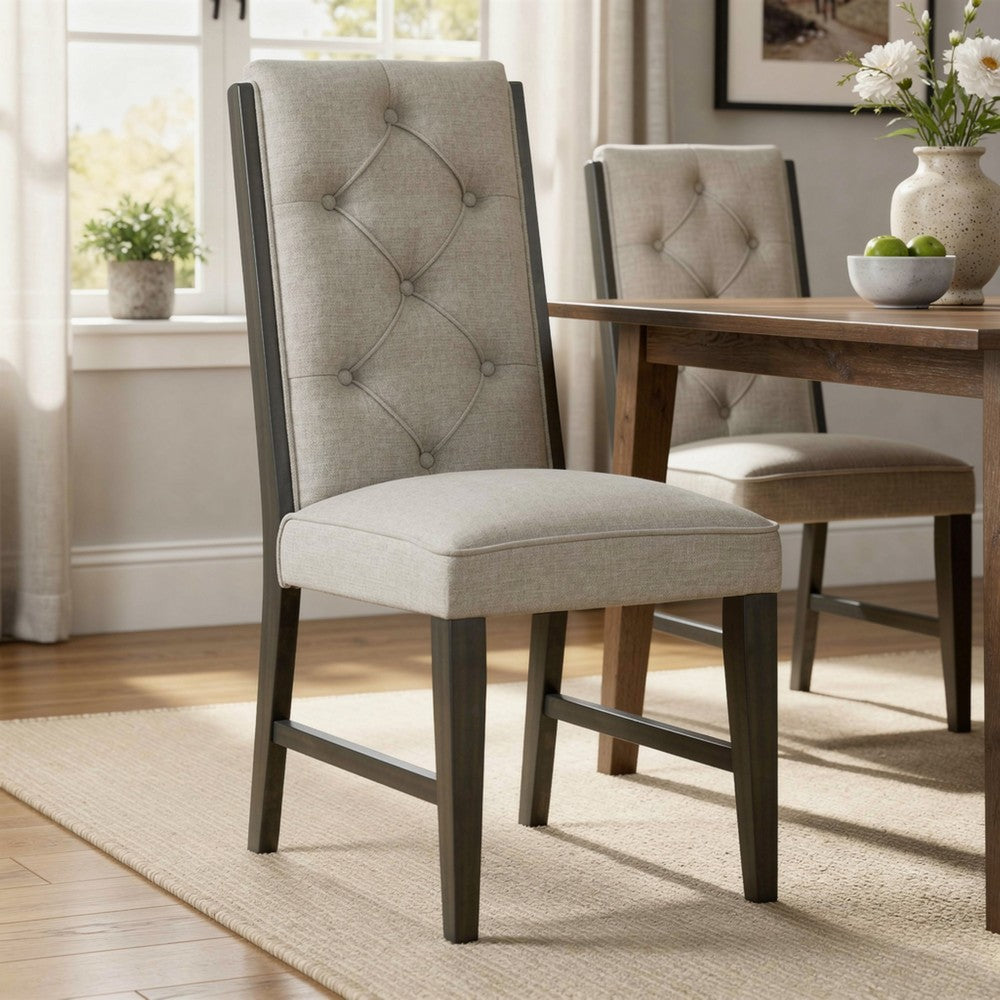 Heri Dining Side Chair Set of 2, Tufted Back, Beige, Chocolate Brown - BM353082