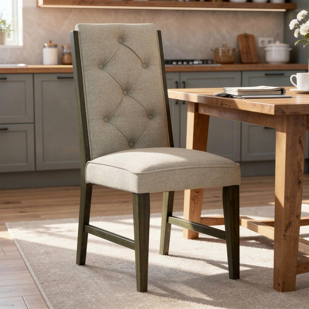 Heri Dining Side Chair Set of 2, Tufted Back, Beige, Chocolate Brown - BM353082