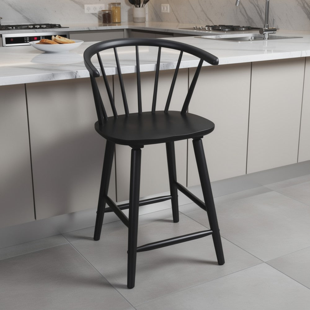 Anna Counter Stool Chair Set of 2, Curved Spindle Back, Footrests, Black - BM353096