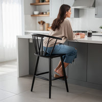 Anna Counter Stool Chair Set of 2, Curved Spindle Back, Footrests, Black - BM353096
