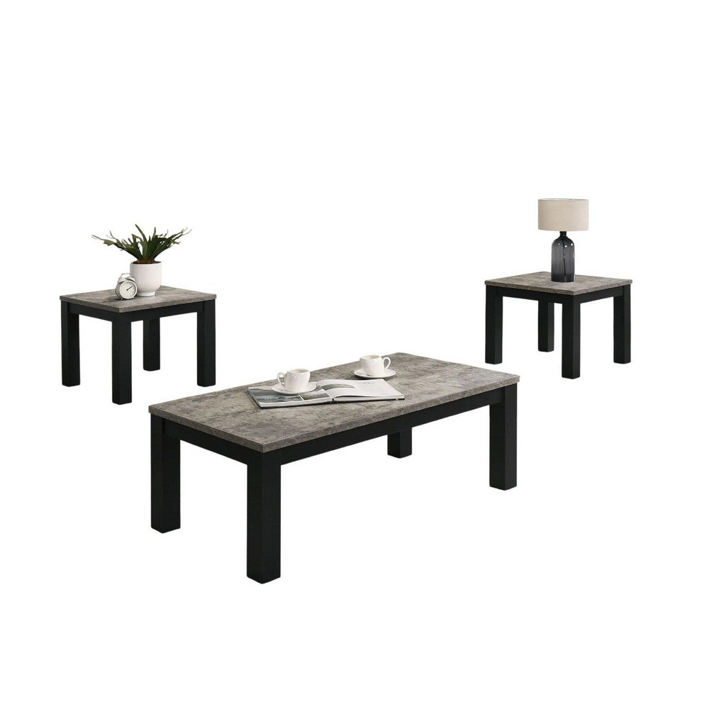 3pc Coffee Table and 2 End Table Set, Gray Concrete Top, Black Wood Legs - BM353098