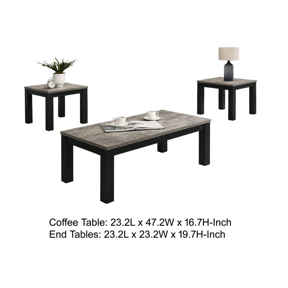 3pc Coffee Table and 2 End Table Set, Gray Concrete Top, Black Wood Legs - BM353098