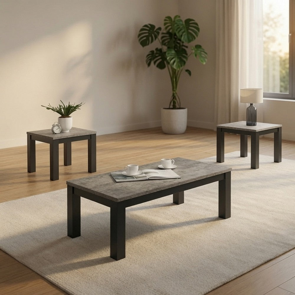 3pc Coffee Table and 2 End Table Set, Gray Concrete Top, Black Wood Legs - BM353098