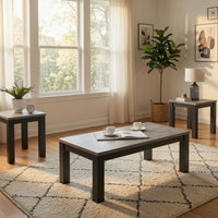 3pc Coffee Table and 2 End Table Set, Gray Concrete Top, Black Wood Legs - BM353098