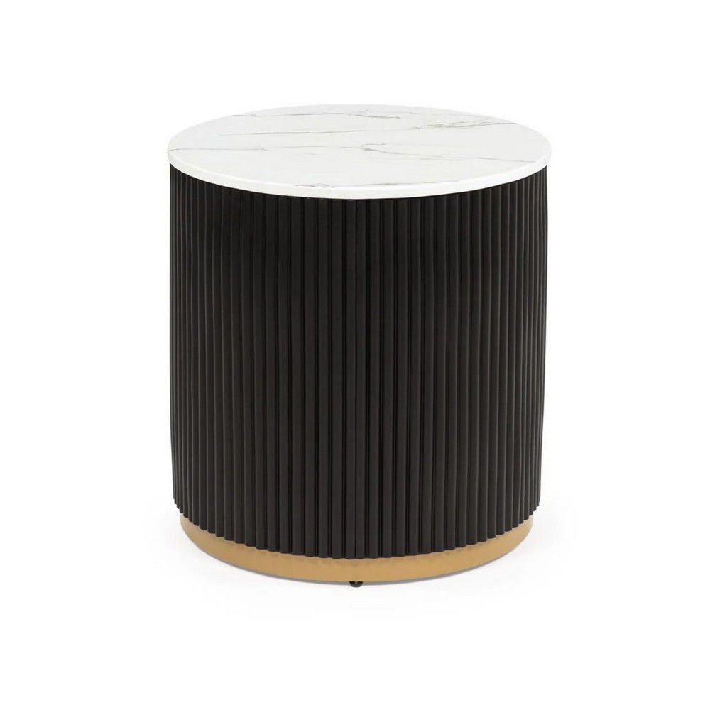 Frey Side End Table, White Faux Marble, Reeded Base, Gold Banding 22 Inch - BM353099