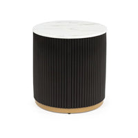 Frey Side End Table, White Faux Marble, Reeded Base, Gold Banding 22 Inch - BM353099