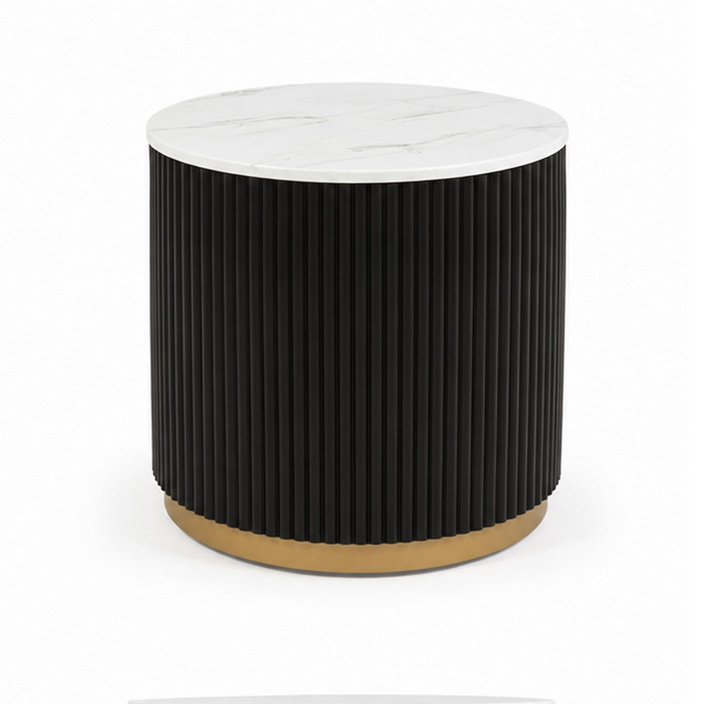 Frey Side End Table, White Faux Marble, Reeded Base, Gold Banding 22 Inch - BM353099