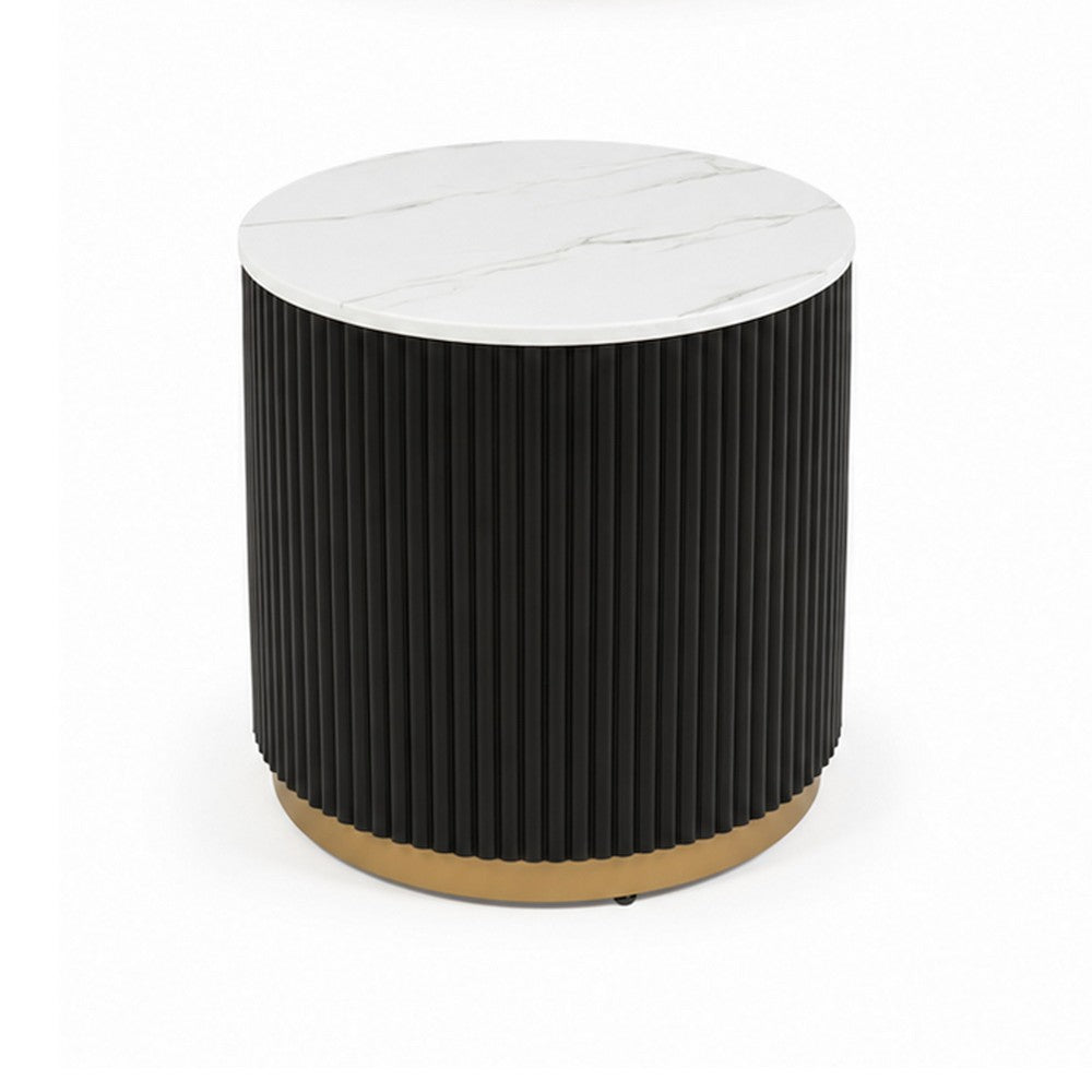 Frey Side End Table, White Faux Marble, Reeded Base, Gold Banding 22 Inch - BM353099
