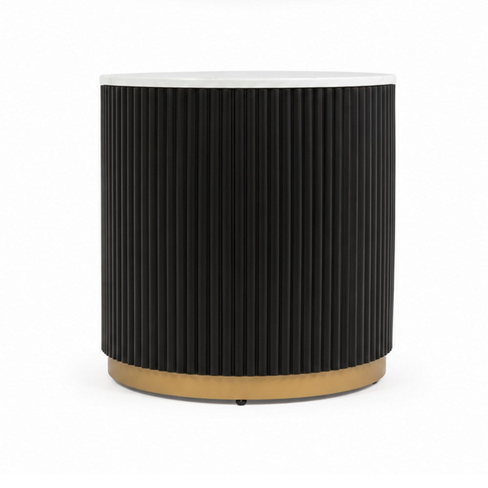 Frey Side End Table, White Faux Marble, Reeded Base, Gold Banding 22 Inch - BM353099
