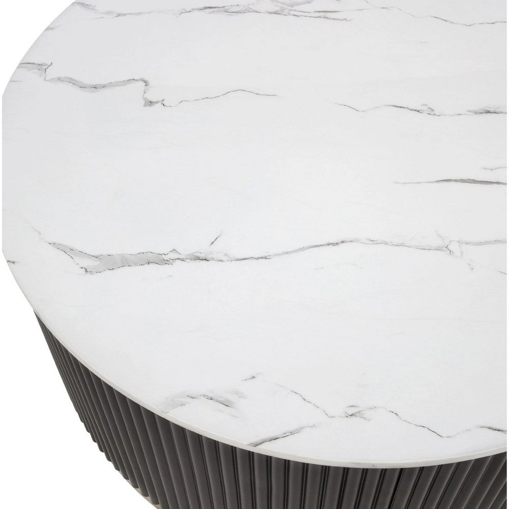 Frey Side End Table, White Faux Marble, Reeded Base, Gold Banding 22 Inch - BM353099