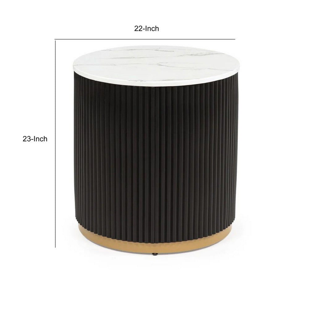 Frey Side End Table, White Faux Marble, Reeded Base, Gold Banding 22 Inch - BM353099