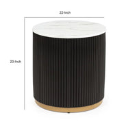 Frey Side End Table, White Faux Marble, Reeded Base, Gold Banding 22 Inch - BM353099