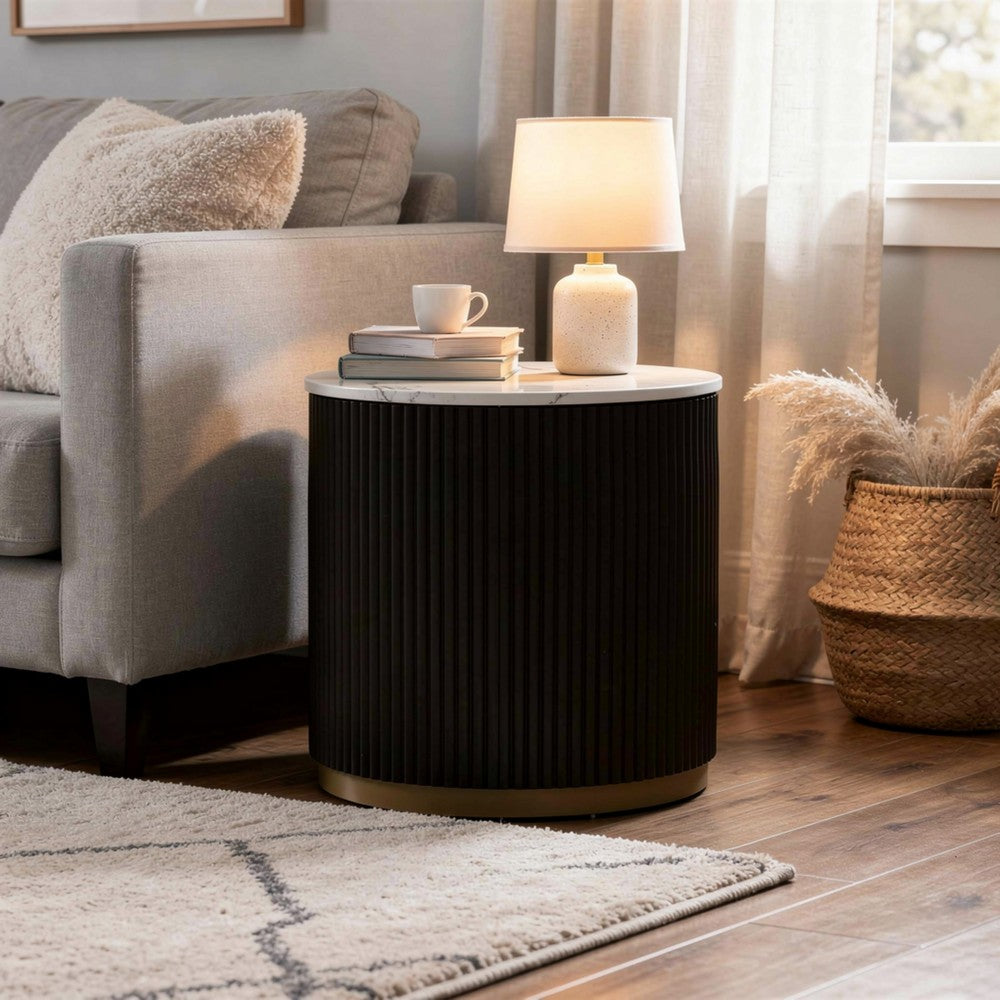 Frey Side End Table, White Faux Marble, Reeded Base, Gold Banding 22 Inch - BM353099