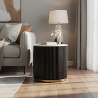 Frey Side End Table, White Faux Marble, Reeded Base, Gold Banding 22 Inch - BM353099
