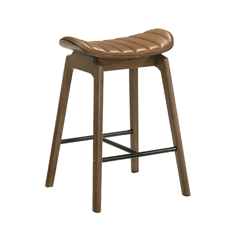 Amal Counter Height Stool Set of 2, Saddle Faux Leather Seat, Walnut Brown-BM353105