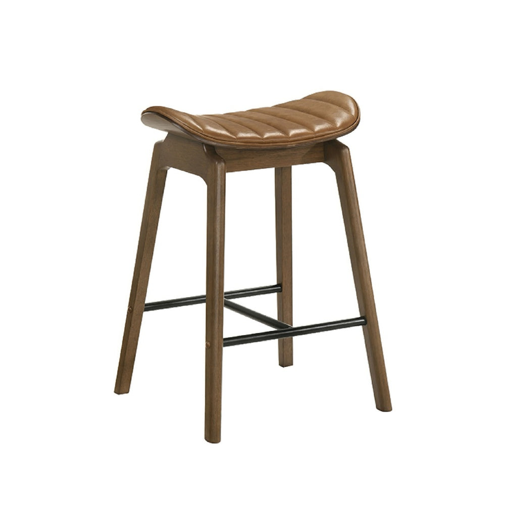 Amal Counter Height Stool Set of 2, Saddle Faux Leather Seat, Walnut Brown-BM353105