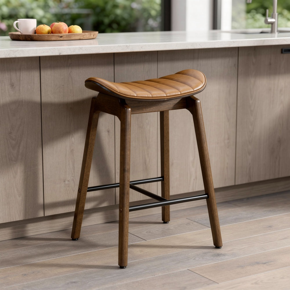 Amal Counter Height Stool Set of 2, Saddle Faux Leather Seat, Walnut Brown-BM353105