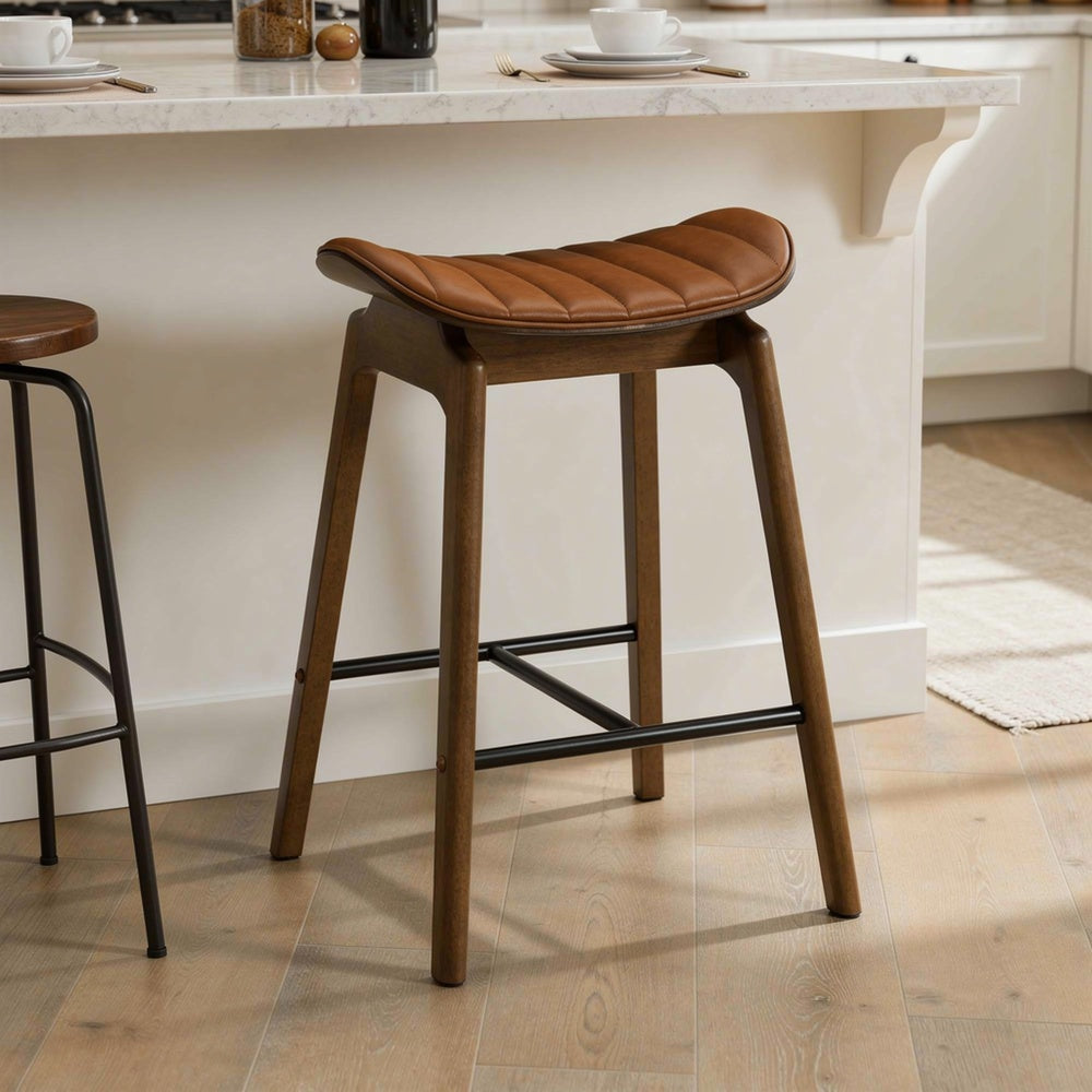 Amal Counter Height Stool Set of 2, Saddle Faux Leather Seat, Walnut Brown-BM353105