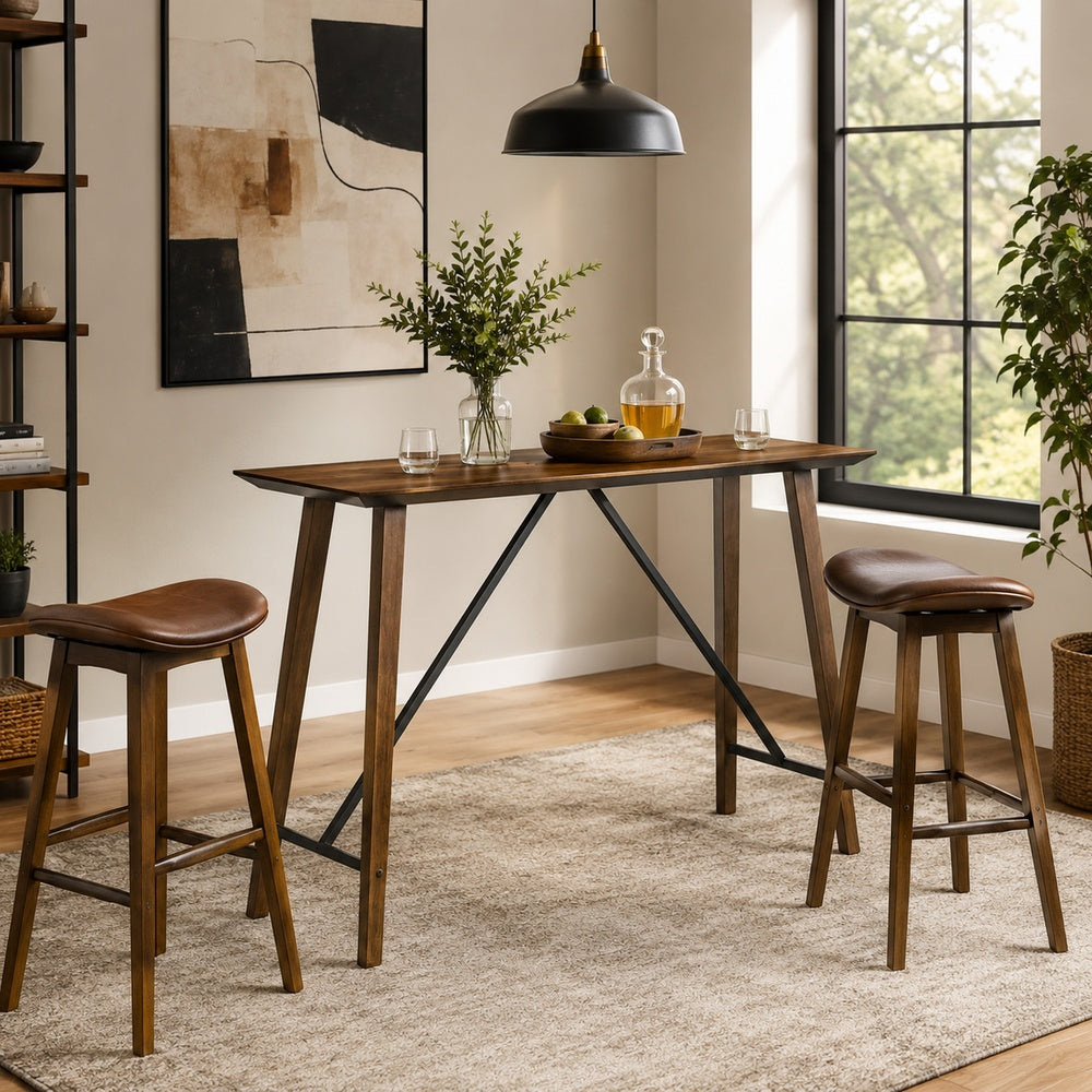 Amal Counter Height Table, Trestle Base w Cross Bar, Walnut Brown 59 Inch-BM353106