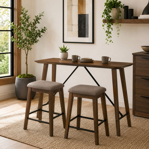 Amal Counter Height Table, Trestle Base w Cross Bar, Walnut Brown 59 Inch-BM353106