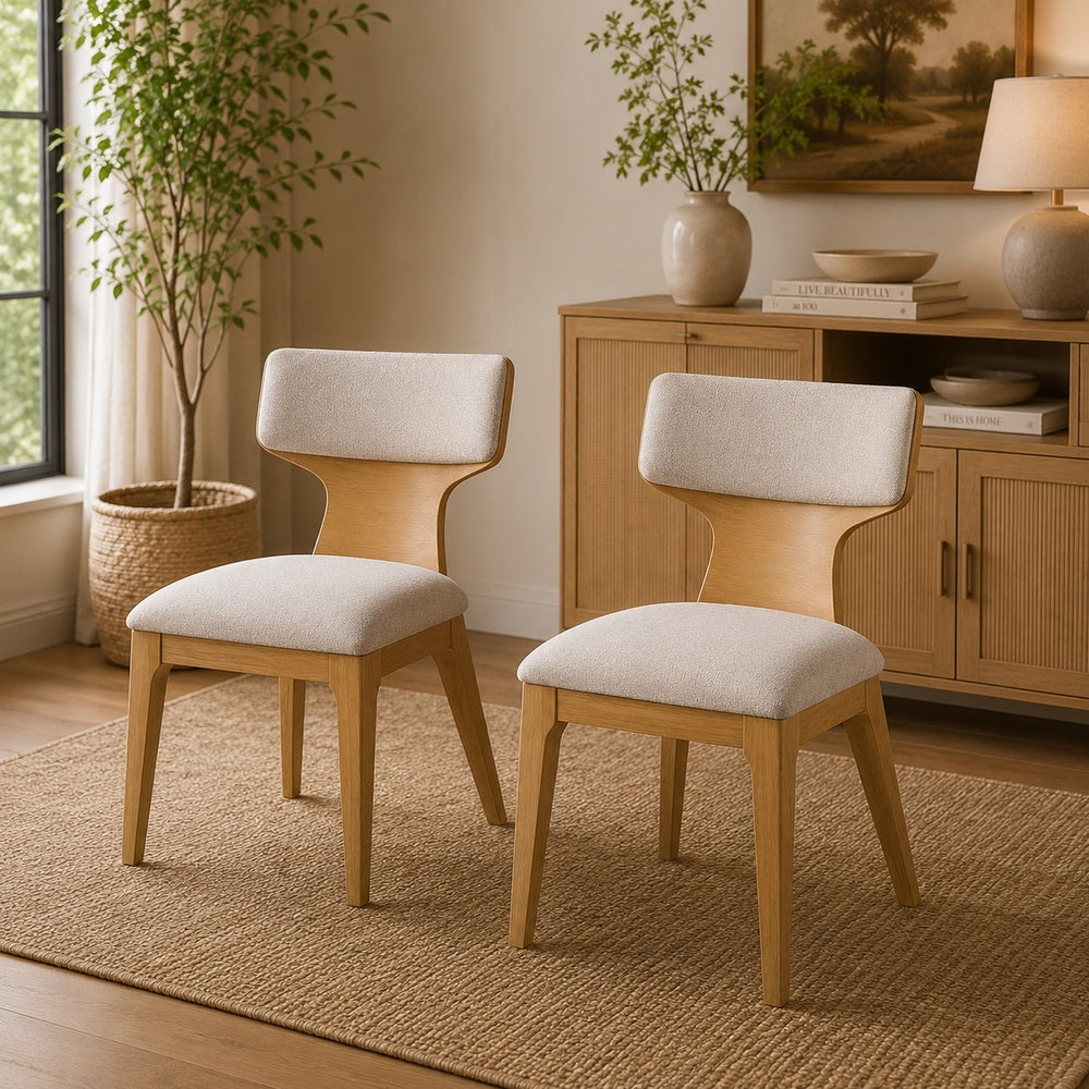 Cair Dining Side Chair Set of 2, Curved Back, Beige Cushions, Natural Brown-BM353113