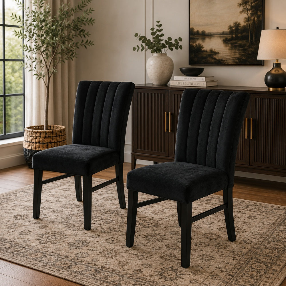 Sely Side Dining Chair Set of 2, Foam Fill Seat and Channeled Back, Black-BM353114