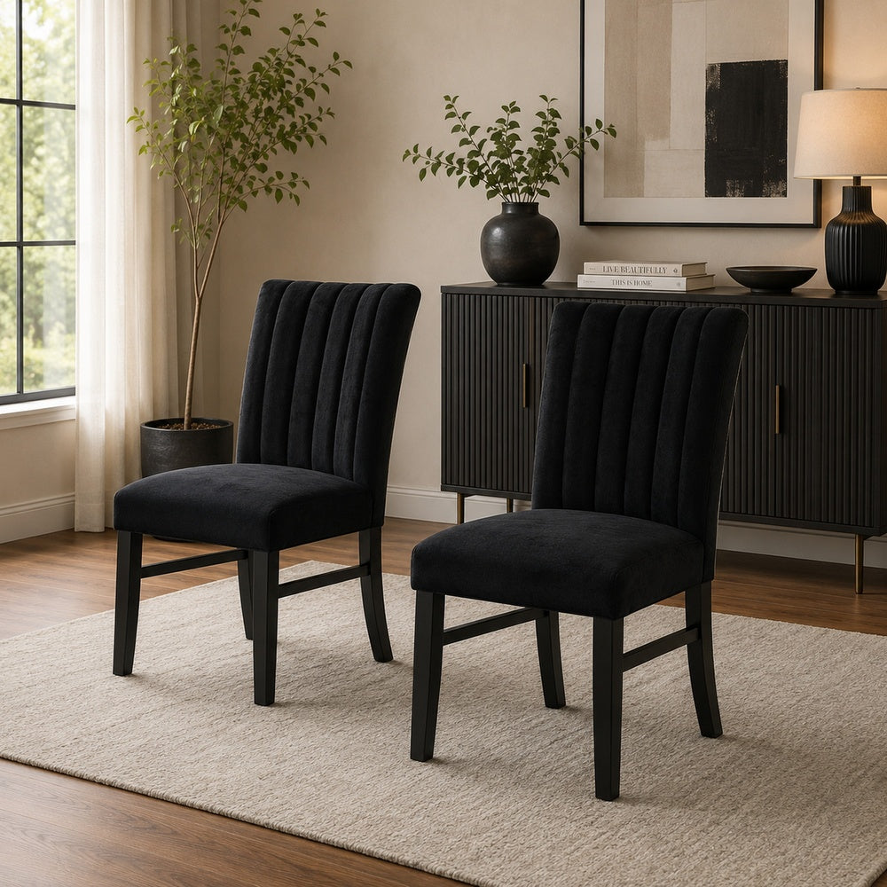 Sely Side Dining Chair Set of 2, Foam Fill Seat and Channeled Back, Black-BM353114