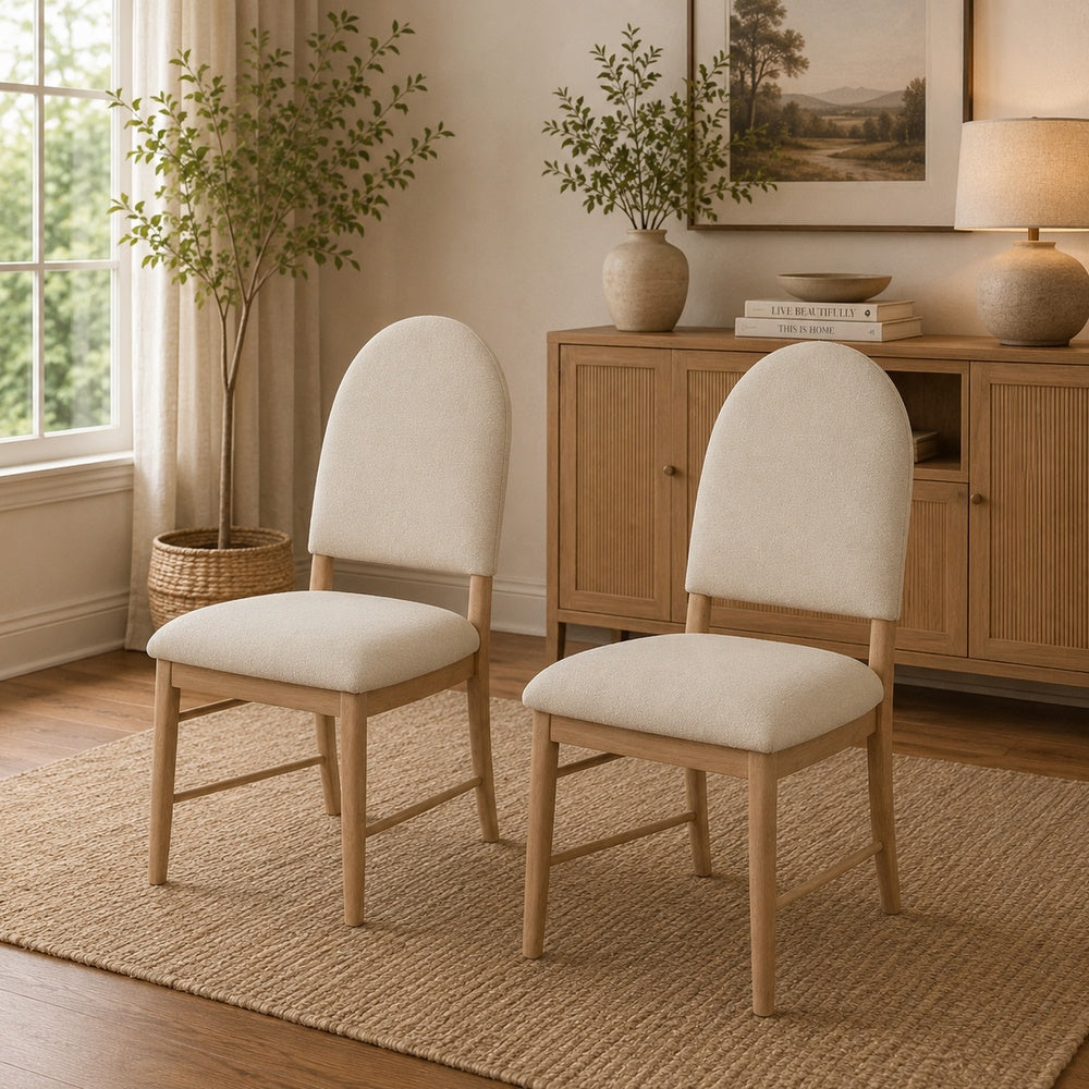 Reha Dining Side Chair Set of 2, Arch Back, Beige Cushions, Natural Brown-BM353115