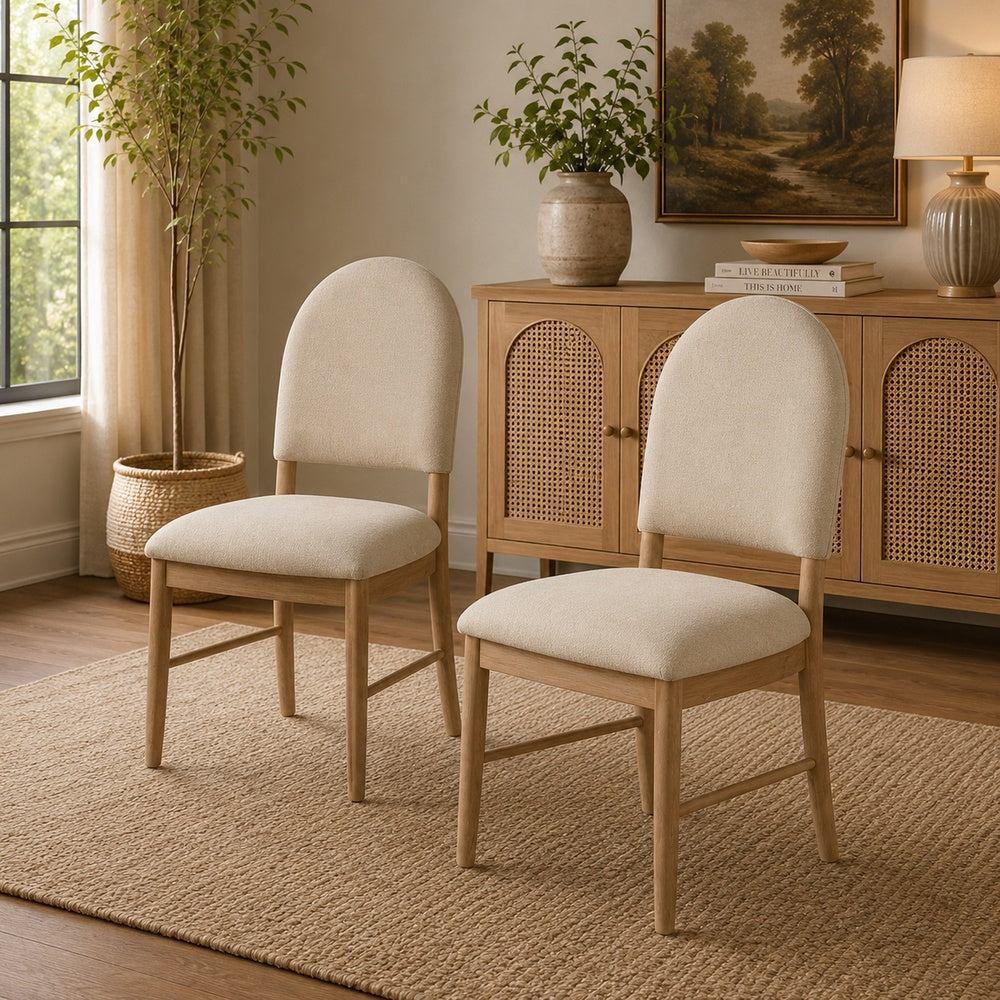 Reha Dining Side Chair Set of 2, Arch Back, Beige Cushions, Natural Brown-BM353115