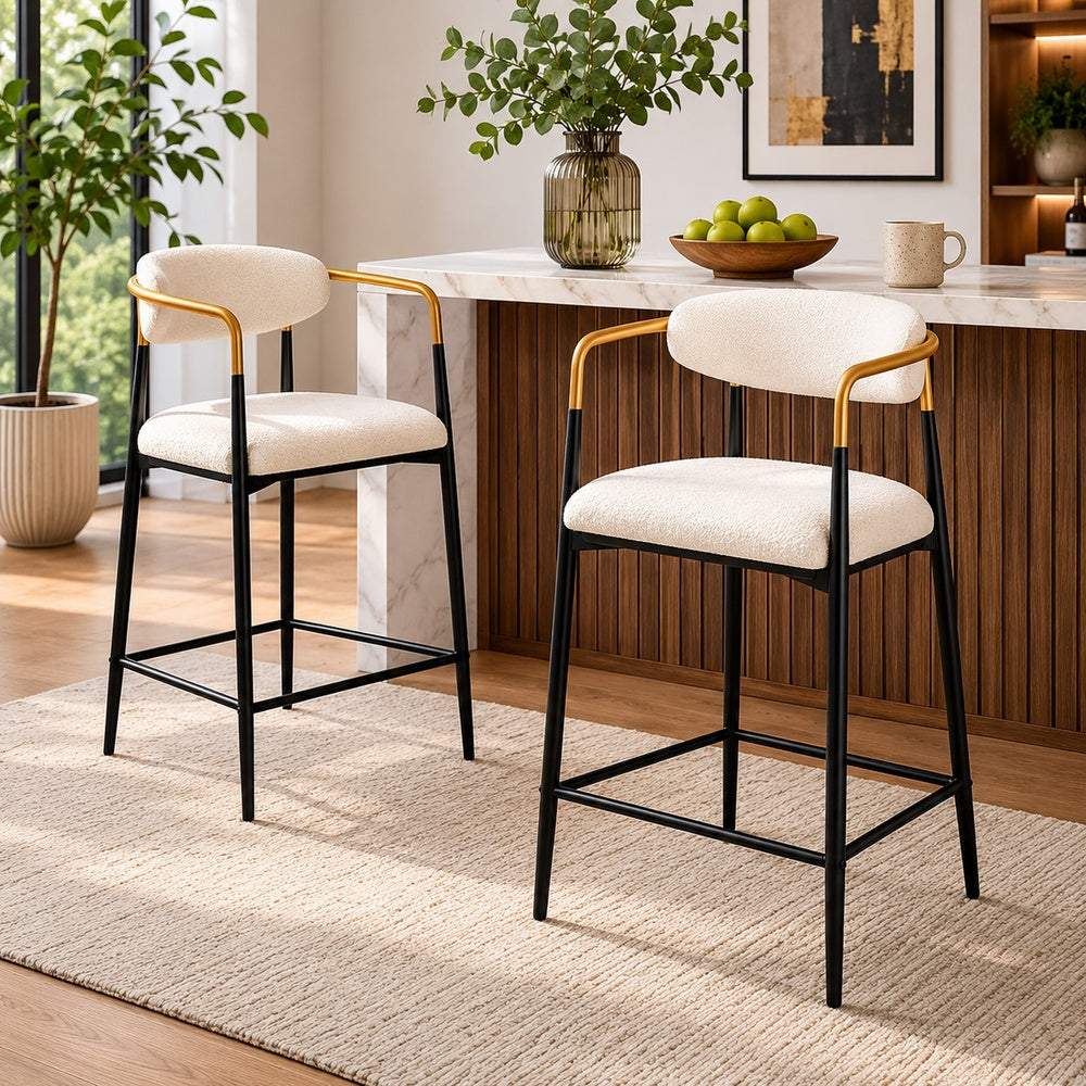 Nath Counter Height Chair Set of 2, Gold Metal Arms, White Cushions, Black-BM353116