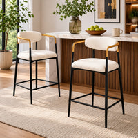 Nath Counter Height Chair Set of 2, Gold Metal Arms, White Cushions, Black-BM353116