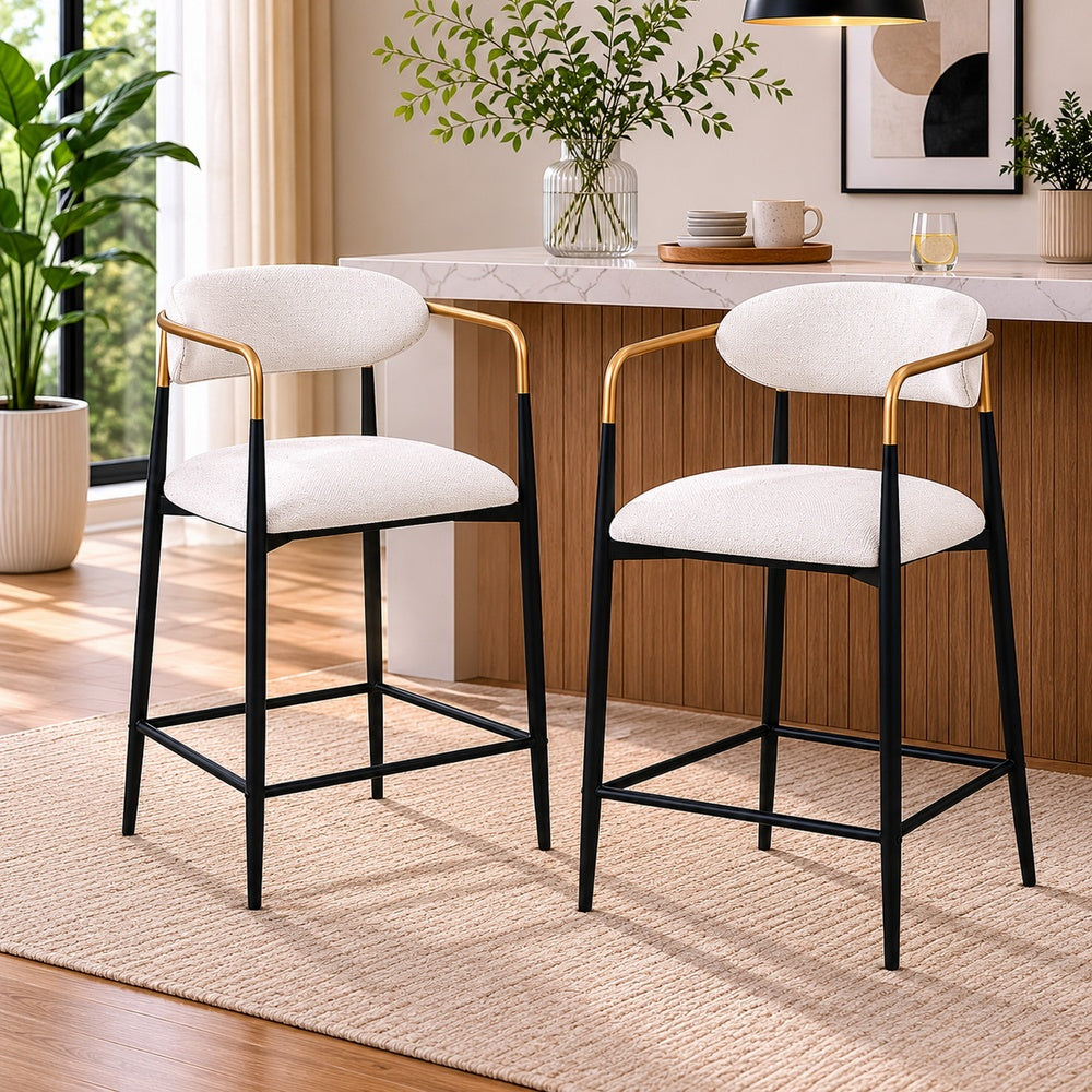 Nath Counter Height Chair Set of 2, Gold Metal Arms, White Cushions, Black-BM353116