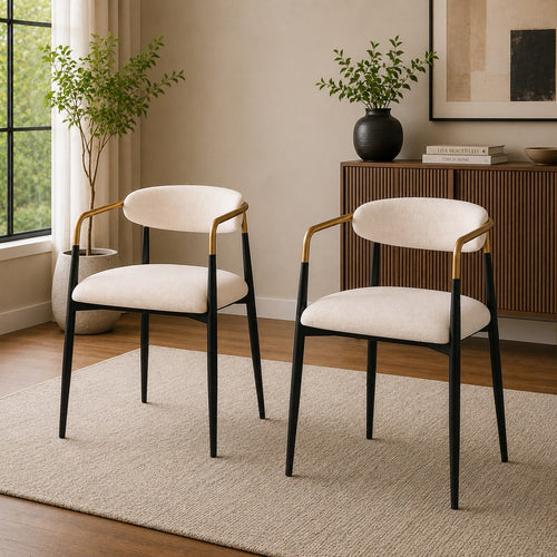 Nean Dining Side Chair Set of 2, Gold Metal Arms, White Cushions, Black-BM353117