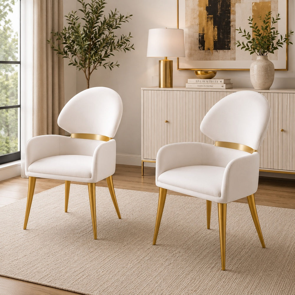 Noth Dining Armchair Set of 2, Foam Fill White Cushions, Matte Gold-BM353119