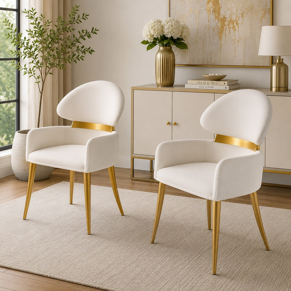 Noth Dining Armchair Set of 2, Foam Fill White Cushions, Matte Gold-BM353119