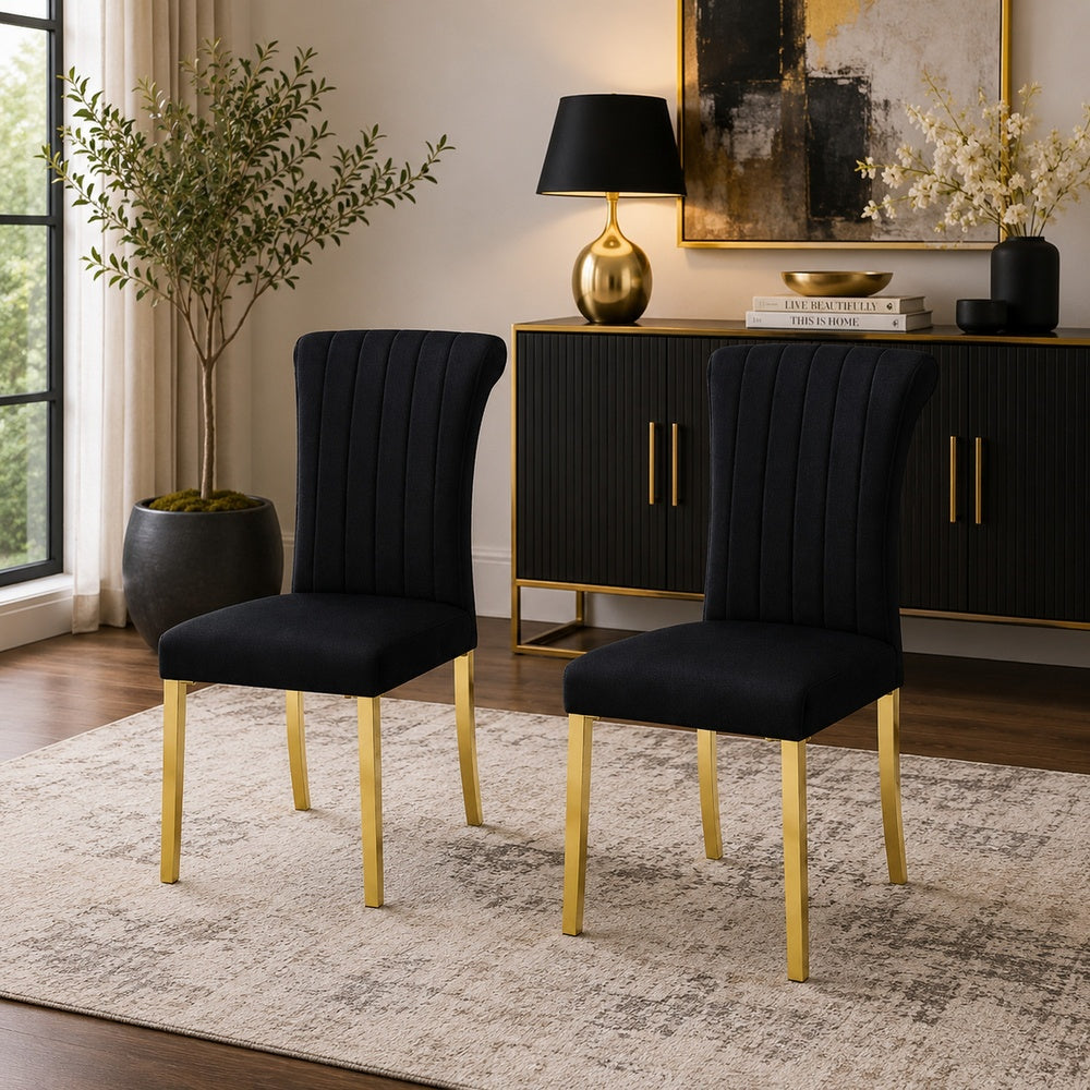 Hols Parson Dining Side Chair Set of 2, Channeled Black Fabric, Gold Steel -BM353120