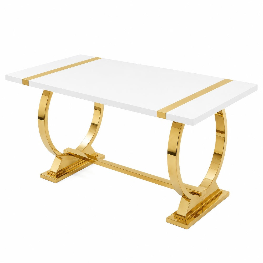 Hols Dining Table, Gold Banding on White Top, O-Shaped Steel Legs 60 Inch-BM353121