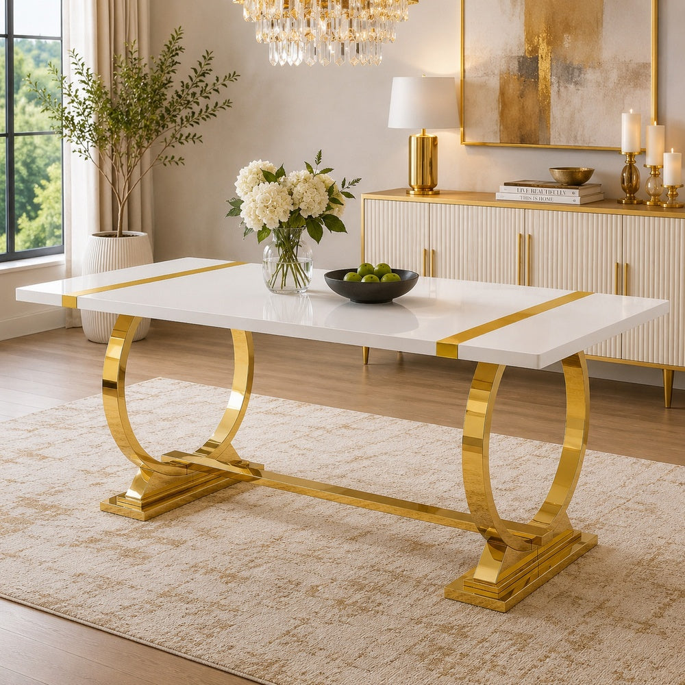 Hols Dining Table, Gold Banding on White Top, O-Shaped Steel Legs 60 Inch-BM353121